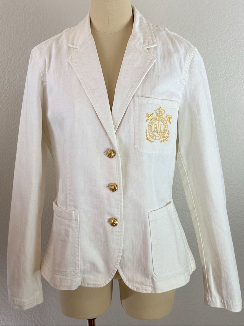 Ralph Lauren Womens White Crest Pocket Blazer Jacket Gold Buttons Nautical Large